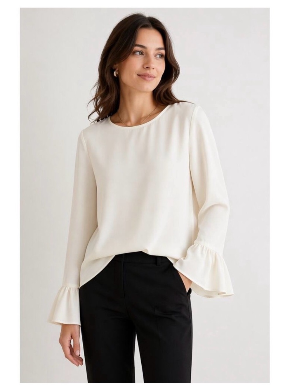 J. CREW Vanilla Cream Ruffle-Cuff Long-Sleeve Keyhole Semi-Sheer Blouse MEDIUM